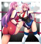  2girls animal_ears blush boots breasts crotch_kick elbow_pads femdom knee_pads large_breasts leotard long_hair multiple_girls necktie niwatori_(eck16614) pain patchouli_knowledge purple_eyes purple_hair rabbit_ears rabbit_girl red_eyes red_necktie reisen_udongein_inaba ryona stage_lights touhou vest wrestling wrestling_outfit wrestling_ring 