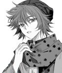  1boy adjusting_scarf beanie commentary greyscale hair_between_eyes hand_up hat hiyori_sou jacket key kimi_ga_shine long_sleeves looking_at_viewer male_focus mismatched_pupils monochrome oshi_no_ko parted_lips pipoabubu polka_dot polka_dot_scarf scarf short_hair simple_background solo star-shaped_pupils star_(symbol) symbol-only_commentary symbol-shaped_pupils upper_body white_background 