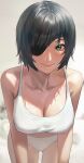  1girl absurdres bare_shoulders black_hair blurry blurry_background blush breasts chainsaw_man cleavage commentary commentary_request eyepatch green_eyes highres himeno_(chainsaw_man) large_breasts leaning_forward looking_at_viewer panties riki_(riki_unc) short_hair simple_background smile solo tank_top underwear underwear_only white_panties white_tank_top 