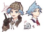  aron blue_eyes blue_hair blue_sclera colored_sclera flower haru1suama index_finger_raised looking_at_viewer male_focus necktie notice_lines official_alternate_costume open_mouth pink_flower plaid_headwear pokemon pokemon_(creature) pokemon_(game) pokemon_masters_ex pokemon_oras simple_background smile steven_stone steven_stone_(special_costume) upper_body white_background 