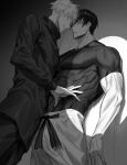  2boys bara belt fushiguro_touji gojou_satoru greyscale high_collar highres jacket jujutsu_kaisen large_pectorals looking_at_another male_focus monochrome multiple_boys muscular muscular_male pants papagro12 pectorals scar scar_on_face scar_on_mouth shirt short_hair smile teeth yaoi 