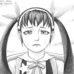  1girl absurdres artist_name commentary crying efairu_666 english_commentary frown greyscale hachikuji_mayoi hairband hatching_(texture) highres long_hair monochrome monogatari_(series) pixiv_id portrait solo star_(symbol) streaming_tears tears twintails 