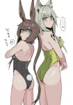  ... 2girls absurdres amiya_(arknights) animal_ear_fluff animal_ears arknights ass bare_shoulders black_leotard blue_eyes blush breasts brown_hair cat_ears check_commentary closed_mouth commentary_request commission cowboy_shot from_behind green_eyes green_leotard grey_hair heart highres kal&#039;tsit_(arknights) kumamu leotard long_hair looking_at_viewer looking_back medium_breasts multiple_girls oripathy_lesion_(arknights) playboy_bunny ponytail rabbit_ears rabbit_girl rabbit_tail sideboob skeb_commission small_breasts spoken_blush spoken_ellipsis tail tail_through_clothes translated 