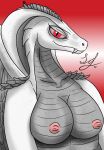  2023 2_horns albino anthro areola belly_scales big_breasts biped breasts cobra digital_drawing_(artwork) digital_media_(artwork) dragon eyelashes fangs feathered_wings feathers female grey_body grey_feathers grey_horn grey_scales half-length_portrait horn hybrid lindwormduality looking_at_viewer nipples non-mammal_breasts nude pink_areola pink_nipples pinup portrait pose pupils red_background red_eyes reptile scales scalie selena_illyana shaded signature simple_background slit_pupils smile smiling_at_viewer snake soft_shading solo teeth western_dragon white_body white_scales wings 