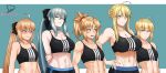  5girls absurdres ahoge arms_behind_back artoria_caster_(fate) artoria_pendragon_(fate) artoria_pendragon_(lancer)_(fate) black_shorts black_sports_bra blonde_hair blue_choker blue_eyes braid braided_bun breast_envy breasts choker clenched_teeth collarbone commentary_request fate/grand_order fate_(series) french_braid green_eyes grey_hair hair_between_eyes hair_bun hair_ornament hair_scrunchie half-closed_eyes hand_on_own_hip highres jewelry large_breasts long_hair looking_at_another looking_to_the_side medium_support_(meme) meme mordred_(fate) morgan_le_fay_(fate) multiple_girls navel ponytail red_scrunchie ring romulproduce scrunchie shorts signature simple_background small_breasts smug sports_bra stomach_tattoo tattoo teeth toned twitter_username upper_body very_long_hair wedding_ring 