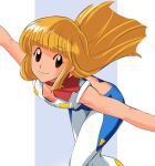  1girl ascot ass ass_cutout blonde_hair brown_eyes character_request closed_mouth clothing_cutout haruyama_kazunori long_hair looking_at_viewer retro_artstyle smile solo 
