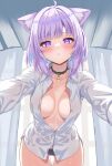  1girl absurdres black_choker black_panties blue_hair blush breasts cameltoe choker cleavage collarbone colored_inner_hair highres hololive long_sleeves looking_at_viewer medium_breasts medium_hair multicolored_hair nekomata_okayu no_bra oniku_(o29sukizero) open_clothes open_shirt panties purple_eyes purple_hair shirt solo underwear virtual_youtuber white_shirt 