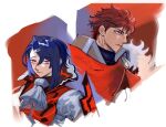  2boys alcryst_(fire_emblem) ascot asymmetrical_hair blue_hair brothers closed_mouth diamant_(fire_emblem) fire_emblem fire_emblem_engage high_collar highres looking_to_the_side male_focus mochako_(motyako_1005) multiple_boys red_eyes red_hair short_hair siblings simple_background white_ascot 