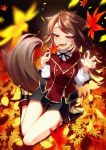  1girl animal_ears autumn_leaves black_footwear brown_hair claw_pose cluseller fangs floppy_ears high_heels kneeling linaford_(vrchat) long_hair long_sleeves looking_at_viewer open_mouth parted_bangs red_eyes shorts solo tail vrchat wolf_ears wolf_girl wolf_tail 