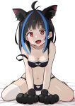  1girl :d absurdres animal_ears antenna_hair bare_shoulders black_gloves black_hair blue_hair breasts cat_ears cleavage clothing_cutout fang gloves heart_cutout highres kanojo_okarishimasu long_hair looking_at_viewer medium_breasts multicolored_hair navel open_mouth panties panty_cutout simple_background single_thighhigh sirokohi sitting smile solo strap_slip streaked_hair thighhighs underwear white_background white_thighhighs yaemori_mini 