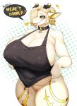  absurd_res anthro apron big_breasts blep blonde_hair blush breasts cleavage clothed clothing collar dragon female genitals hair hair_over_eye hi_res huge_breasts one_eye_obstructed pussy scalie solo sophia_woo_(sophiathedragon) sophiathedragon tongue tongue_out 