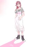  1girl black_footwear blush character_name closed_mouth colored_shadow commentary_request full_body grey_shirt hair_between_eyes hair_ornament hairclip hand_in_pocket highres kashikaze long_hair looking_at_viewer love_live! love_live!_sunshine!! overalls pink_socks red_hair sakurauchi_riko shadow shirt short_sleeves socks solo standing white_background white_overalls yellow_eyes 