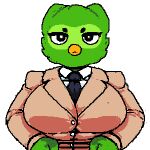  2023 angry animated anthro avian beak big_breasts bird breast_jiggle breasts brown_clothing brown_jacket brown_topwear button_(fastener) cheek_tuft clothed clothing crossgender dialogue duo_(duolingo) duolingo english_text eye_twitch eyelashes facial_markings facial_tuft feathers female green_body green_feathers head_markings head_tuft huge_breasts jacket jiggling markings mascot mask_(marking) mtf_crossgender necktie open_beak open_mouth short_playtime signature simple_background solo t-boy text topwear tuft white_background 