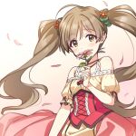  1girl ahoge artist_name bare_shoulders blush breasts brown_eyes brown_hair brown_ribbon dress falling_petals flower frilled_dress frills gradient_background green_scrunchie hair_flower hair_ornament hair_scrunchie hakozaki_serika hand_up holding holding_flower idolmaster idolmaster_million_live! idolmaster_million_live!_theater_days leaf long_hair looking_at_viewer mikapoe off-shoulder_dress off_shoulder parted_lips petals pink_flower red_flower ribbon ribbon-trimmed_dress scrunchie signature small_breasts solo twintails two-tone_dress very_long_hair 