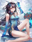  1girl absurdres arknights arm_up bare_legs bare_shoulders barefoot black_hair blue_dress blue_skin breasts closed_mouth colored_skin dragon_girl dragon_horns dragon_tail dress dusk_(arknights) dusk_(everything_is_a_miracle)_(arknights) earrings gradient_skin highres horns jewelry knee_up long_hair looking_at_viewer medium_breasts official_alternate_costume pelvic_curtain pointy_ears red_eyes sitting sleeveless sleeveless_dress solo tail tassel tassel_earrings very_long_hair vexki- 
