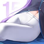  1girl absurdres black_shirt blue_archive head_out_of_frame highres hip_focus khoaphan96 leaning_to_the_side long_hair lower_body navel number_background pants purple_hair shirt sitting solo tight_clothes tight_pants utaha_(blue_archive) very_long_hair white_pants 