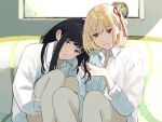  2girls black_hair blonde_hair blurry blurry_background blush closed_mouth collared_shirt commentary couch dress_shirt feet_out_of_frame hair_ribbon highres hugging_own_legs indoors inoue_takina knees_up light_particles long_hair long_sleeves looking_at_another looking_at_viewer lycoris_recoil multiple_girls nishikigi_chisato one_side_up playing_with_another&#039;s_hair puffy_sleeves purple_eyes red_eyes red_ribbon ribbon shirt short_hair sidelighting sidelocks sitting sunlight variant_set white_shirt yomo_(moo_777_moo) yuri 