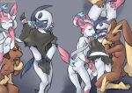  absol anthro anus balls big_ears breasts brown_body brown_fur butt claws clothed clothing eeveelution erection female fur generation_3_pokemon generation_4_pokemon generation_6_pokemon genitals group handjob hi_res horn humanoid_genitalia humanoid_penis lagomorph long_ears lopunny male male/female mammal nintendo nipples nude partially_clothed penile penis pokemon pokemon_(species) pussy ribbons sealer4258 sex slim small_breasts spread_butt spreading sylveon trio white_body white_fur 