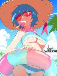  1girl absurdres aetherion bikini blue_hair breasts covered_nipples cowboy_shot food hat heart heart-shaped_eyewear highres innertube large_breasts looking_at_viewer mouth_hold original outdoors popsicle short_hair solo striped striped_bikini sun_hat sunglasses swimsuit 