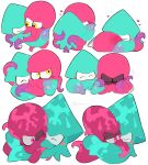  2others ^_^ aqua_skin blush_stickers closed_eyes colored_skin heart highres hug implied_kiss inkling kiirono kraken_(splatoon) multiple_others octoling octopus pink_eyes pink_skin pinned simple_background splatoon_(series) squid tentacles yellow_eyes 