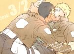  2boys belt bertolt_hoover black_hair blonde_hair couple cropped_jacket feet_out_of_frame grin hand_grab happy kiss kyosuke leaning_on_person male_focus military military_uniform multiple_boys muted_color paradis_military_uniform reiner_braun shingeki_no_kyojin smile translation_request uniform yaoi 