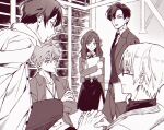  1girl 4boys artem_wing_(tears_of_themis) collared_shirt crossed_arms folder formal glasses highres holding holding_folder indoors jacket jewelry long_hair long_sleeves looking_at_viewer luke_pearce_(tears_of_themis) marius_von_hagen_(tears_of_themis) monochrome multiple_boys necklace necktie nemuiiii3_3 pants rosa_(tears_of_themis) shirt short_hair skirt tears_of_themis vest vyn_richter_(tears_of_themis) white_hair white_jacket 