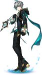  1boy ahoge ainchase_ishmael aqua_hair aqua_scarf black_footwear black_hoodie black_pants boots elsword full_body grey_hair highres hood hood_down hoodie lofty:_schreier_(elsword) long_sleeves male_focus multicolored_hair official_art pants short_hair solo transparent_background 