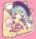  1girl apron black_headwear bow closed_eyes commentary_request crepe flying_sweatdrops food fruit green_hair hat hat_bow heart heart_of_string komeiji_koishi kyouda_suzuka lying medium_hair minigirl on_back pink_background sleeping smile solo strawberry striped striped_background third_eye touhou twitter_username yellow_bow zzz 