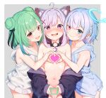  3girls ahoge amemiya_nazuna animal_ears blue_eyes blue_hair blush braid breasts broken_halo collar dongchuan green_hair hair_ornament halo heart heart_hands heterochromia highres hololive hood hoodie light_blue_hair looking_at_viewer medium_hair mikeneko_(utaite) multiple_girls navel no_bra no_panties open_clothes open_mouth pink_eyes pink_hair red_eyes simple_background sleeveless sleeveless_hoodie small_breasts smile spoken_heart uruha_rushia virtual_youtuber 