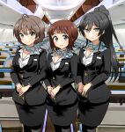  3girls absurdres ahoge airplane_interior amami_haruka anman_(yxwu7733) black_jacket black_pantyhose black_skirt blue_scarf blush breasts cleavage collarbone flight_attendant hand_on_own_hip highres idolmaster idolmaster_(classic) idolmaster_million_live! idolmaster_shiny_colors jacket large_breasts looking_at_viewer multiple_girls open_collar pantyhose pencil_skirt ponytail sakuramori_kaori scarf shirase_sakuya skirt smile travel_attendant 