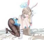  1girl :d absurdres animal_ears asuna_(blue_archive) asuna_(blue_archive)_(cosplay) asuna_(bunny)_(blue_archive) bare_shoulders black_pantyhose blonde_hair blue_archive blue_bow blue_bowtie blue_eyes blue_leotard blush bow bowtie breasts cleavage cosplay covered_nipples curvy detached_collar elbow_gloves fake_animal_ears fake_tail full_body gloves grin hair_ornament hair_over_breasts hair_over_one_eye hair_ribbon hairband halo hancho high_heels highleg highleg_leotard highres huge_breasts kneeling large_breasts leaning_forward legs leotard light_brown_hair light_smile long_bangs long_hair looking_at_viewer mole mole_on_breast official_alternate_costume pantyhose playboy_bunny rabbit_ears rabbit_tail ribbon simple_background skindentation smile solo strapless strapless_leotard tail teeth thighband_pantyhose thighhighs thighs traditional_bowtie undersized_breast_cup undersized_clothes v very_long_hair white_background white_gloves wide_hips 