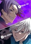  2boys black_eyes blue_lock character_name commentary english_commentary hair_between_eyes highres male_focus mikage_reo multiple_boys nagi_seishirou parted_lips purple_eyes purple_hair short_hair sweat sweatdrop teeth tencomoori white_hair 