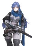  1girl armor armored_boots armored_gloves ass_visible_through_thighs blue_hair blue_scarf bodysuit boots breastplate breasts earrings greaves highres holding holding_sword holding_weapon hoop_earrings jewelry jun_(seojh1029) large_breasts long_bangs long_hair looking_at_viewer low_twintails original scarf sheath skindentation solo standing sword thick_thighs thigh_strap thighs twintails unsheathing weapon white_background white_bodysuit yellow_eyes 