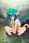  1girl absurdres animal_ears animal_print bell cham_cham collar frog gloves green_eyes green_hair highres neck_bell one_eye_closed outdoors paw_shoes rain samurai_spirits shirou shoes snk solo tail tiger_print wet 