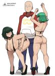  1boy 2girls arms_up artist_logo ass bare_shoulders bent_over bikini black_bikini black_footwear blue_pants blush breasts closed_mouth clothes_writing donburi_(donburikazoku) expressionless fanbox_username flipped_hair from_behind fubuki_(one-punch_man) green_eyes green_hair hanging_breasts high_heels highres hood hood_down kneepits long_sleeves looking_at_another looking_back looking_to_the_side medium_hair multiple_girls nose_blush one-punch_man open_mouth pants parted_lips patreon_username saitama_(one-punch_man) shoulder_blades siblings side-tie_bikini_bottom simple_background sisters small_breasts standing string_bikini swimsuit tatsumaki thighs thong_bikini underboob web_address wedgie 