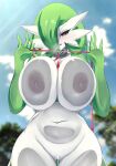  1girl ass_visible_through_thighs bar_censor blush breasts censored gardevoir green_hair hair_over_one_eye hands_up highres large_breasts leash looking_at_viewer navel nipples one_eye_covered outdoors parted_lips pink_eyes pointy_ears pokemon pokemon_(creature) pokemon_(game) pussy pussy_juice sana!rpg smile solo stomach 