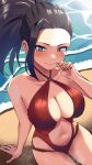 1girl absurdres beach black_hair blush boku_no_hero_academia breasts cleavage closed_mouth forehead grey_eyes hand_up highres large_breasts long_hair navel one-piece_swimsuit ponytail red_one-piece_swimsuit sand sitting solo swimsuit water yaoyorozu_momo zd_(pixiv6210083) 