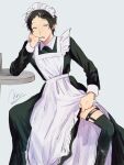 1boy adachi_tooru alternate_costume apron arm_support black_dress black_eyes black_hair black_thighhighs clothes_lift collared_dress commentary_request crossdressing dress enmaided frilled_apron frills garter_straps grey_background hand_on_own_cheek hand_on_own_face hand_up head_rest lifted_by_self long_sleeves looking_at_viewer maid maid_apron maid_headdress male_focus male_maid momotamago persona persona_4 short_hair signature simple_background sitting skirt skirt_lift solo table thighhighs white_apron 