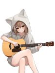  1girl acoustic_guitar ahoge animal_hood blush brown_eyes brown_hair brown_hoodie crossed_legs guitar highres holding holding_instrument holocouncil hololive hololive_english hood hood_up hoodie instrument looking_at_viewer multicolored_hair mummemmim music nanashi_mumei nanashi_mumei_(3rd_costume) no_pants oversized_clothes playing_instrument simple_background sitting smile solo virtual_youtuber white_background 