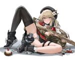  1girl 1other absurdres beret blue_eyes blush brown_hair character_request cherry dress fingering food fruit girls&#039;_frontline gloves gun hair_ornament hat highres long_hair pussy sawkm single_thighhigh skirt socks solo spread_legs sweat thigh_strap thighhighs thighs weapon 