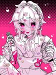  1boy aida_yuuya androgynous bandages black_background blood blush crossdressing dress heart heart_in_eye highres holding holding_knife knife male_focus multicolored_background natsumoriii okami_game_(werewolf) pink_background pink_blood pink_eyes self_harm short_hair sketch smile solo sticker symbol_in_eye tongue tongue_out white_dress white_hair 