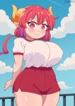  1girl absurdres arm_behind_back bluefrok breasts cloud dragon_horns highres horns huge_breasts ilulu_(maidragon) long_hair looking_at_viewer multicolored_hair pink_hair red_eyes shirt short_sleeves smile solo sportswear thick_thighs thighs twintails white_shirt 