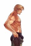  1boy abs absurdres arm_hair bara bulge bulge_lift chest_hair dressing facial_hair feet_out_of_frame from_side goatee hairy highres i&#039;ve_never_seen_a_guy_recreate_this_successfully_tbh_(meme) kasper_artz large_pectorals light_brown_hair long_sideburns looking_at_bulge male_focus mature_male meme muscular muscular_male mutton_chops navel_hair nipples original pants_lift parted_bangs pectorals short_hair sideburns solo standing thick_eyebrows topless_male undersized_clothes william_(kasper) 