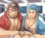  3boys bara beard beard_stubble blue_eyes blue_hair blush bulge chalkboard chest_hair classroom erection erection_under_clothes facial_hair fins fish_boy hairy hand_on_another&#039;s_stomach indoors jacket jewelry jinn_(housamo) large_pectorals long_sideburns looking_at_viewer love_triangle male_focus mature_male mononobe_kyoma multiple_boys muscular muscular_male mustache_stubble necklace pectoral_cleavage pectorals pov pov_crotch revision shell_necklace short_hair sideburns stubble sunfight0201 thick_eyebrows tokyo_afterschool_summoners track_jacket triton_(housamo) unibrow v-shaped_eyebrows yaoi 