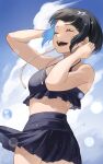  1girl absurdres audio_jack bikini bikini_skirt black_bikini black_hair blue_sky blunt_bangs boku_no_hero_academia breasts bubble closed_eyes cloud day fengling_(furin-jp) frilled_bikini frills hands_up highres jirou_kyouka long_earlobes open_mouth outdoors short_hair sky small_breasts solo swimsuit 