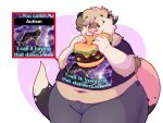  absurd_res american_opossum anthro belly big_belly big_breasts big_tail bottomwear breasts brown_eyes burger canid canine canis clothing eating eating_burger english_text eyebrows eyelashes felinehexes female food freckles_on_face fur grey_bottomwear grey_clothing grey_pants hi_res holding_burger holding_food holding_object mammal marsupial meme_shirt navel obese obese_female overweight overweight_anthro overweight_female pants pear-shaped_figure pink_nose purple_clothing purple_shirt purple_topwear real shirt snout solo tail tan_body tan_fur tan_sclera text topwear wide_hips wolf 