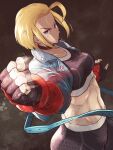  1girl ahoge blonde_hair blue_eyes breasts cammy_white choker clenched_hand commentary_request cropped_jacket fingerless_gloves gloves highres huge_ahoge jacket looking_at_viewer midriff motion_lines muscular muscular_female pants short_hair signature solo sports_bra sportswear street_fighter street_fighter_6 tight_clothes tight_pants yuenibushi 