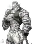  1boy abs animal_ears arknights bara bare_arms bounsies breath bulge clothes_lift covered_nipples cuffs feet_out_of_frame furry furry_male handcuffs highres large_hands large_pectorals lifted_by_self male_focus mature_male mountain_(arknights) muscular muscular_male navel pectorals revision scar scar_on_arm scar_on_leg scar_on_stomach shirt_lift short_hair shorts solo standing stomach sweat tiger_boy tiger_ears white_fur white_shorts 