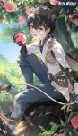  1boy artist_request black_hair changyu_(punishing:_gray_raven) chinese_clothes eating food fruit green_eyes hair_ornament hairclip highres holding holding_food holding_fruit horns in_tree leaf low_ponytail mechanical_arms mechanical_parts official_art peach peach_tree punishing:_gray_raven single_horn sitting sitting_in_tree smile sunlight tree 