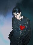  1boy black_eyes black_hair black_shirt chain chrollo_lucilfer earrings facial_mark forehead_mark hair_strand hands_in_pockets heart huangdanlan hunter_x_hunter jewelry long_sleeves looking_at_viewer shirt short_hair solo 